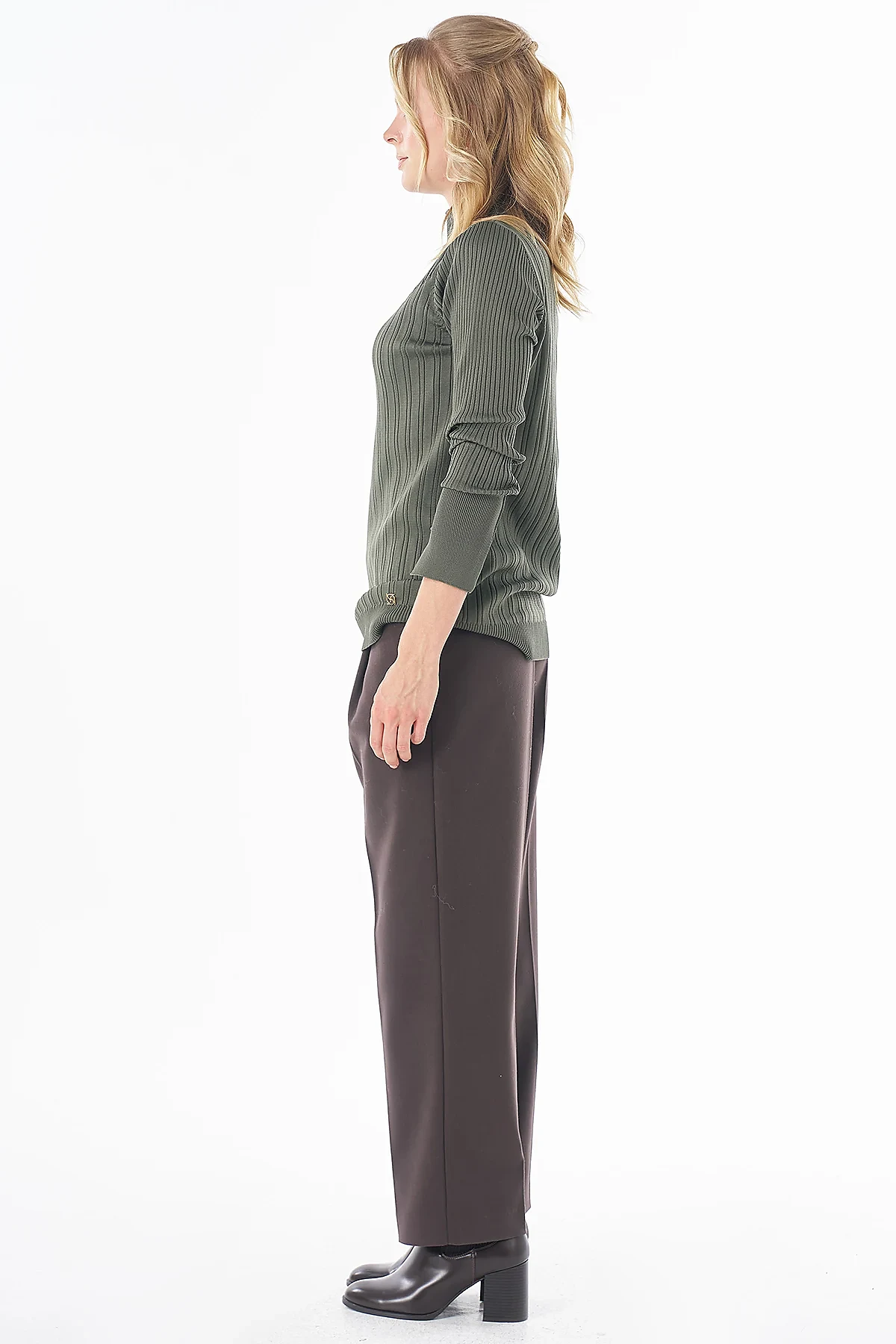Half Turtleneck Ribbed Knit Blouse- Khaki
