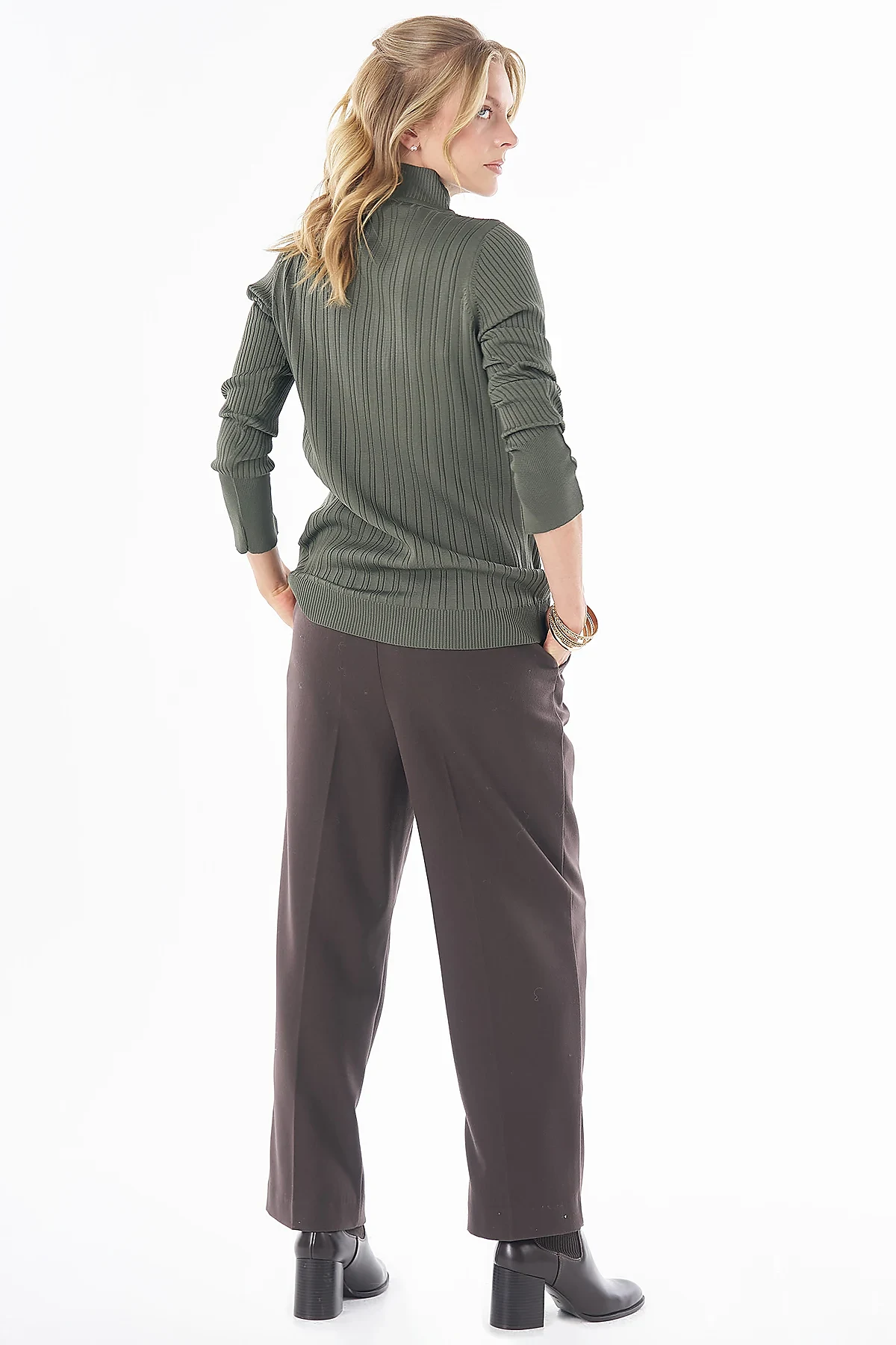 Half Turtleneck Ribbed Knit Blouse- Khaki