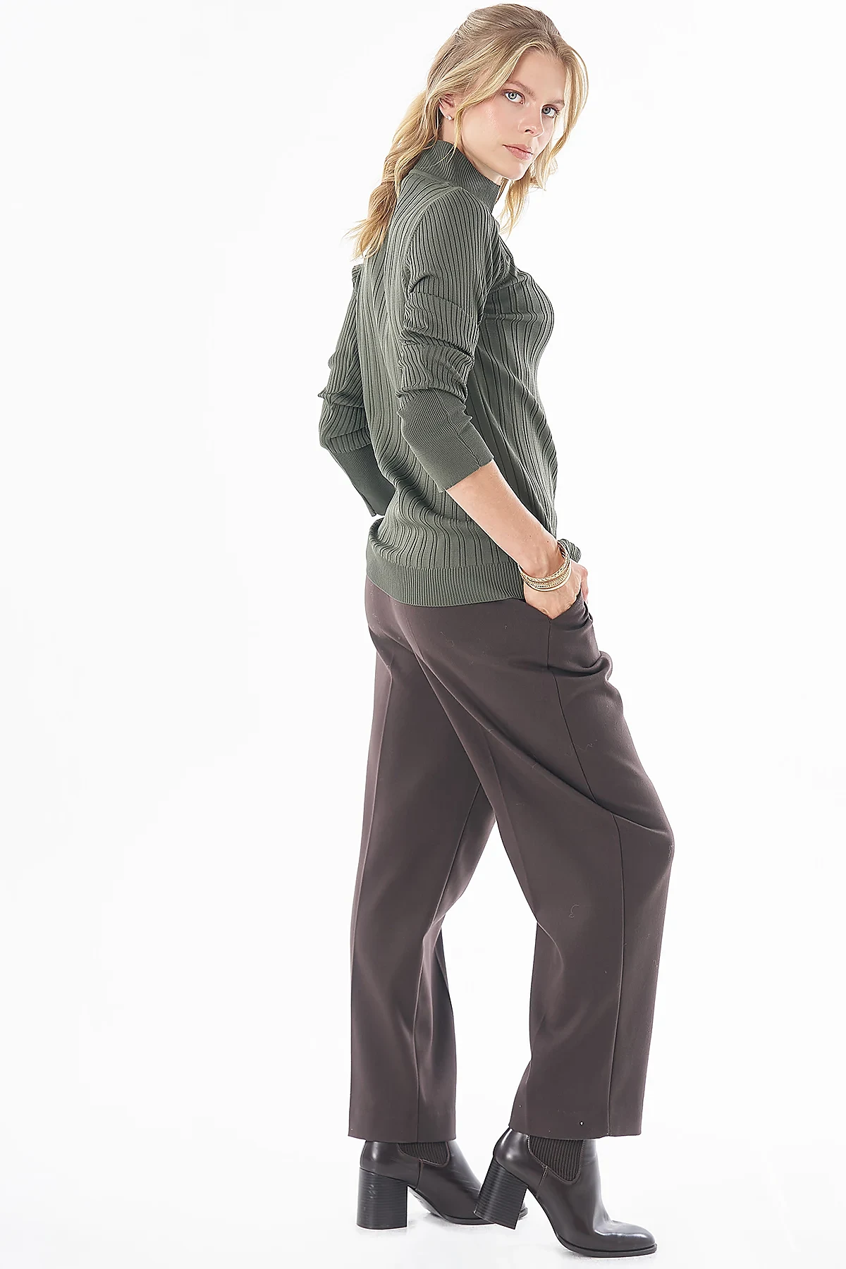 Half Turtleneck Ribbed Knit Blouse- Khaki
