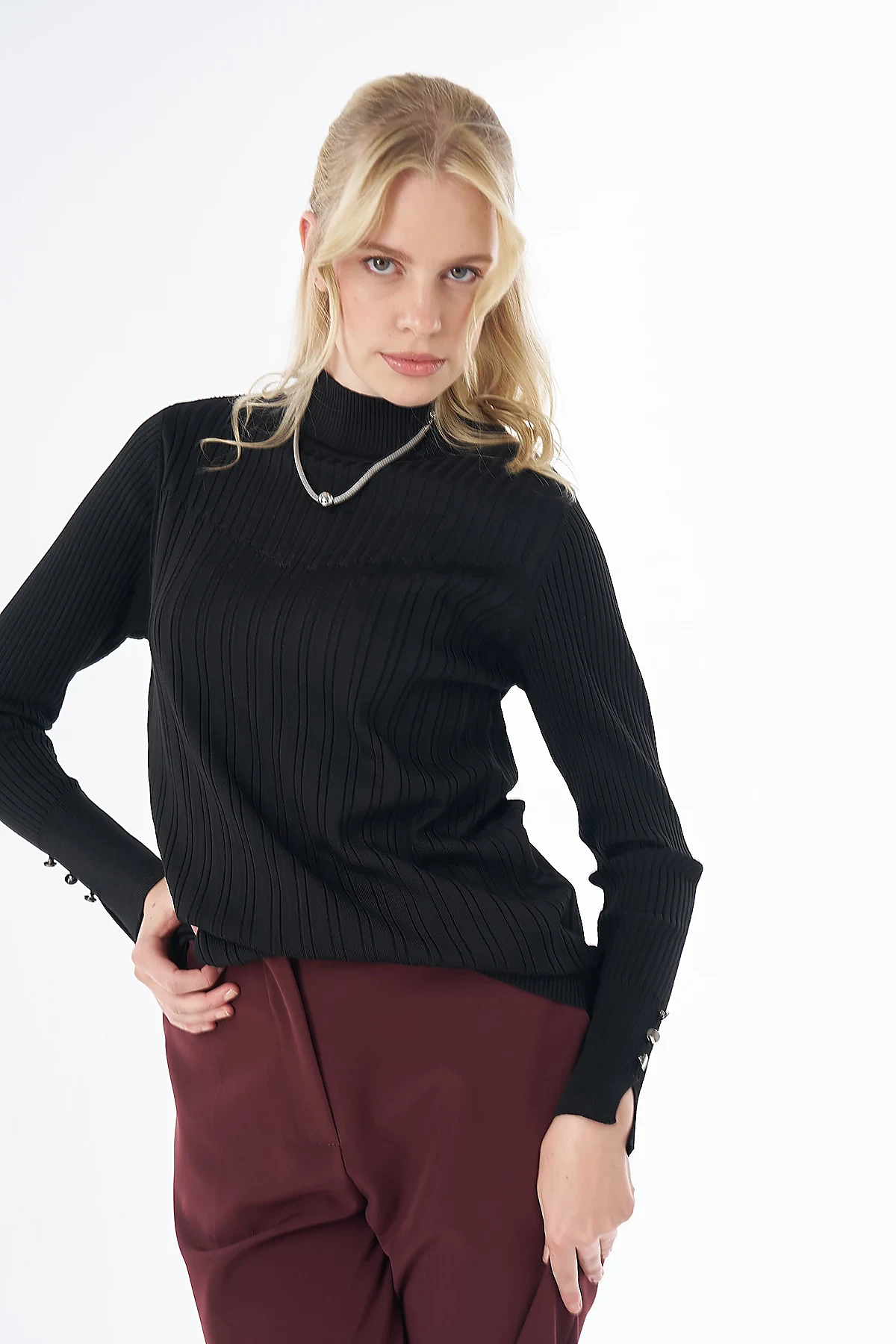 Half Turtleneck Ribbed Knit Blouse- Black