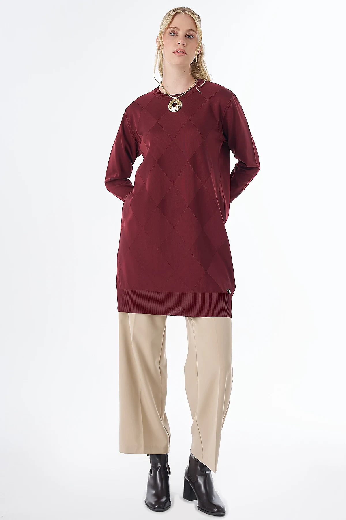 Diamond Pattern Knit Tunic - Burgundy