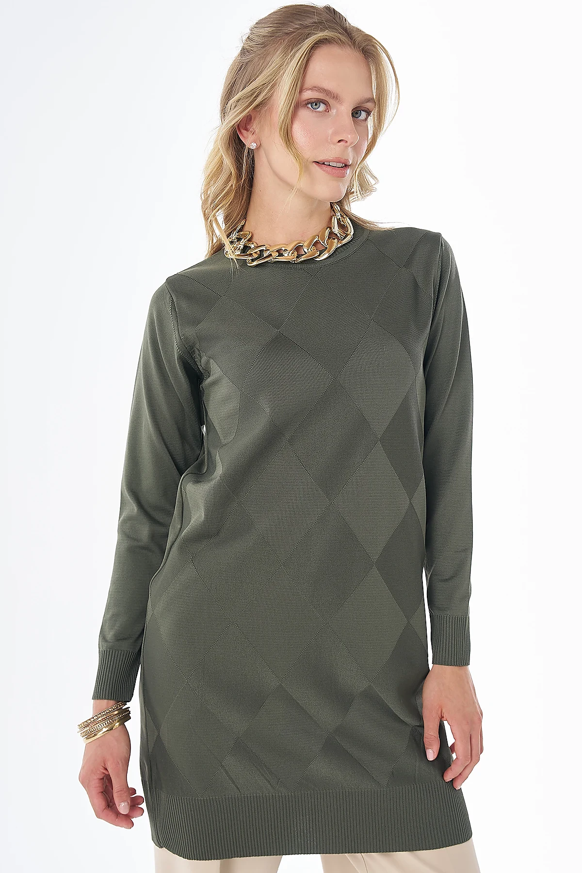 Diamond Pattern Knit Tunic - Khaki