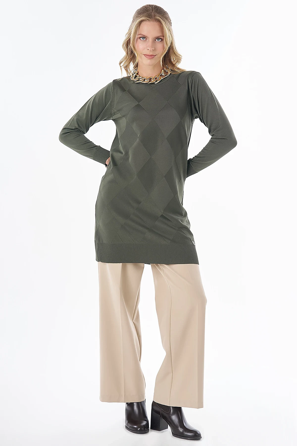 Diamond Pattern Knit Tunic - Khaki