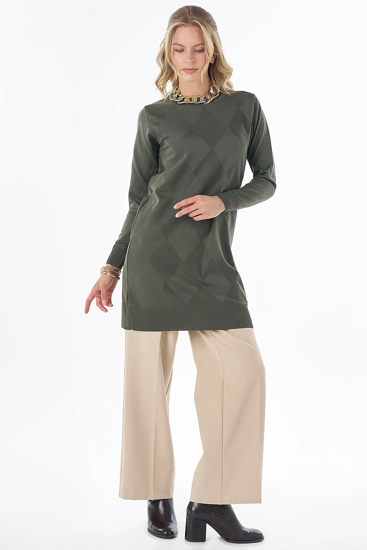 Diamond Pattern Knit Tunic - Khaki