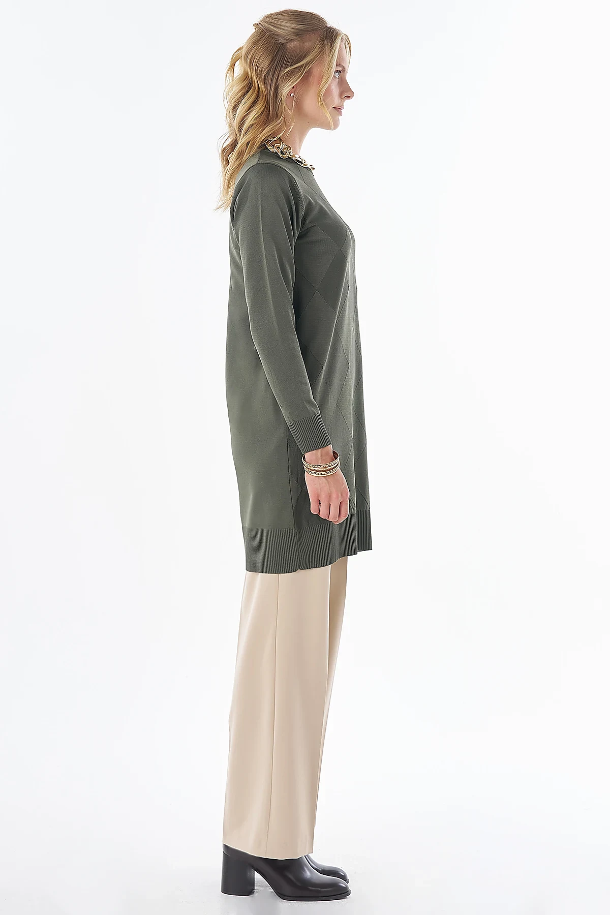 Diamond Pattern Knit Tunic - Khaki