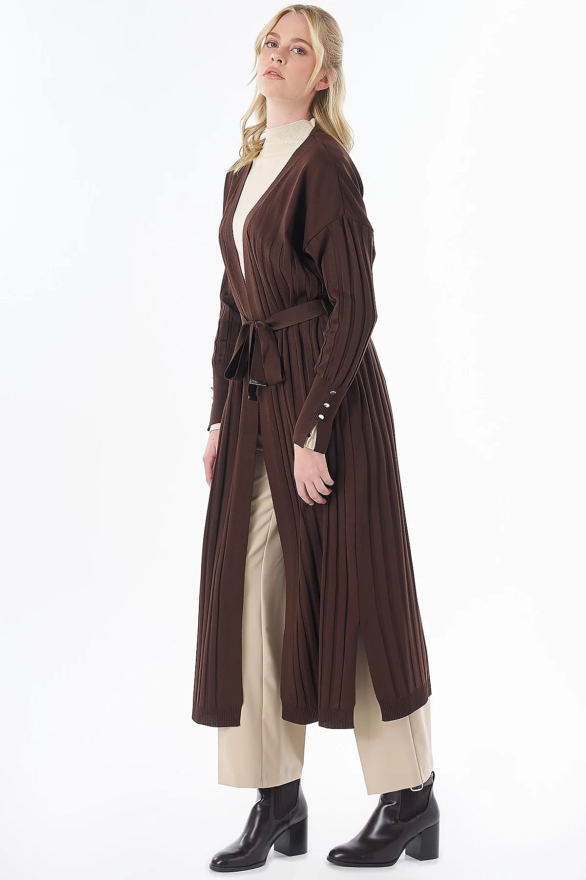 Belted Knit Cardigan Brown