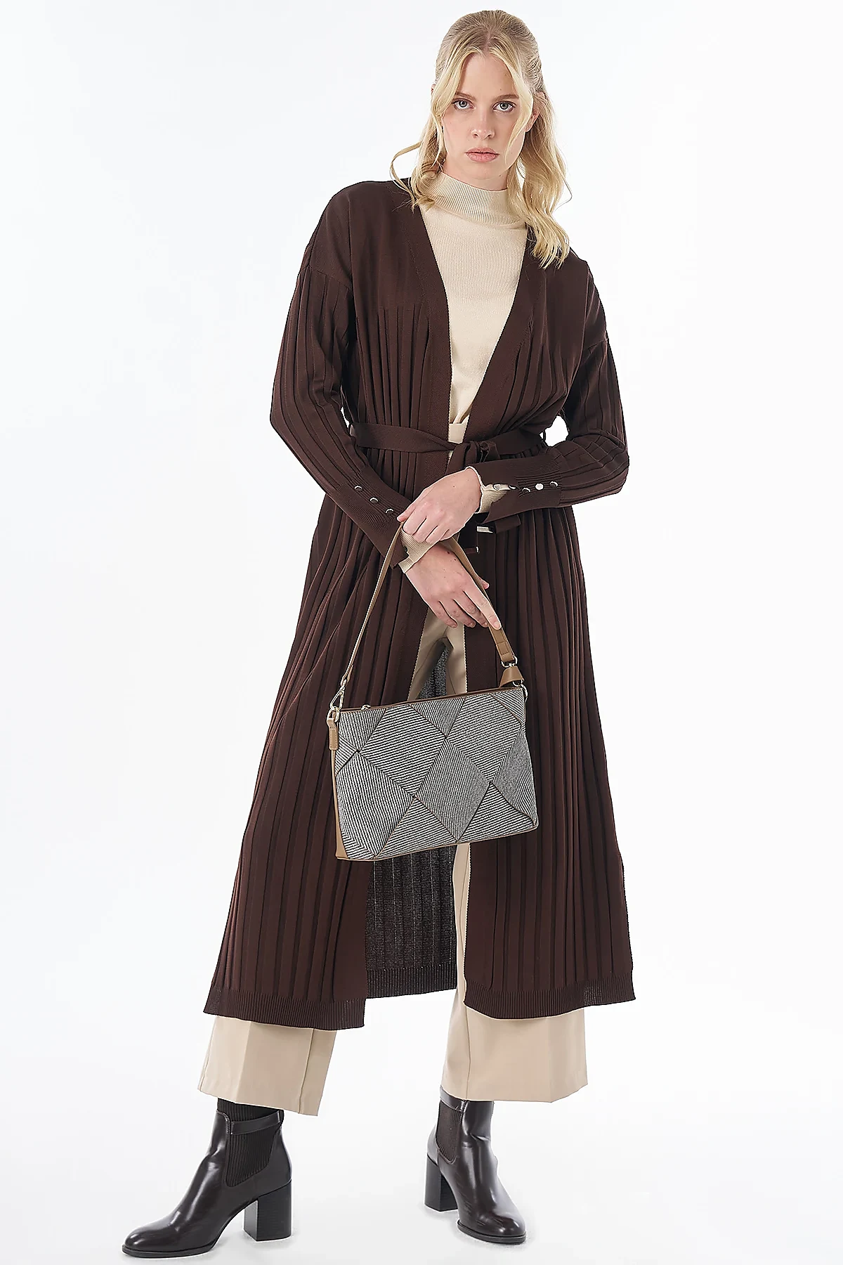 Belted Knit Cardigan Brown