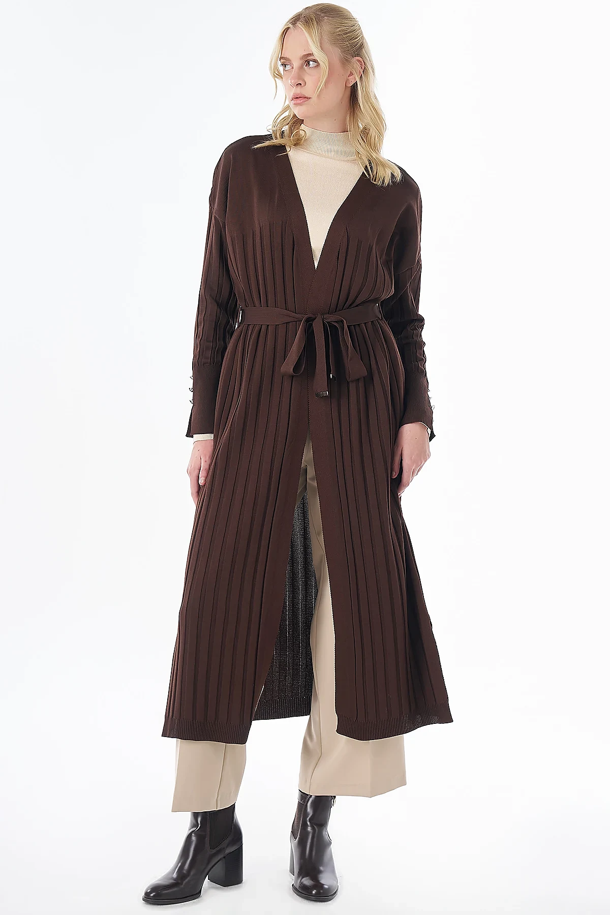 Belted Knit Cardigan Brown