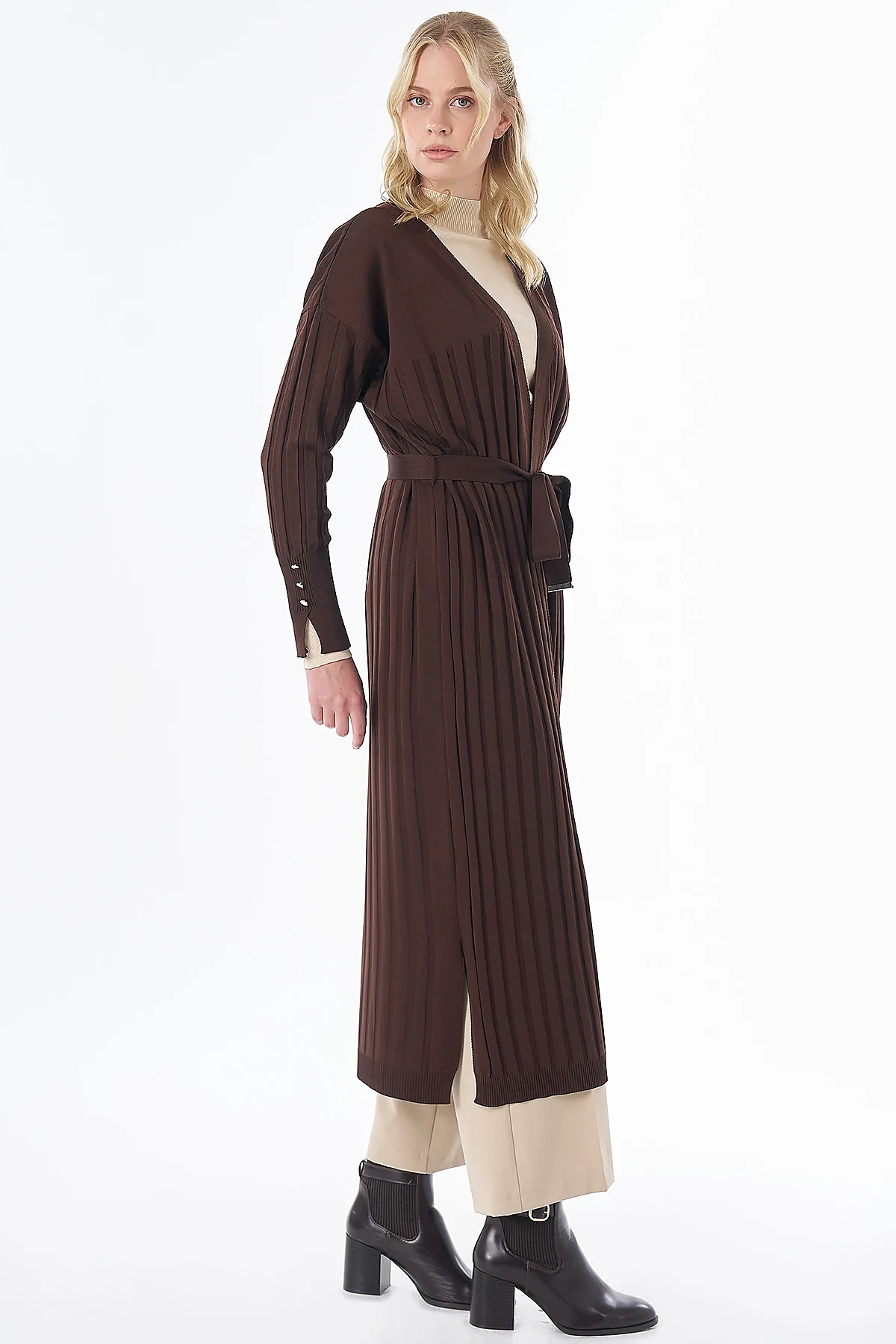 Belted Knit Cardigan Brown
