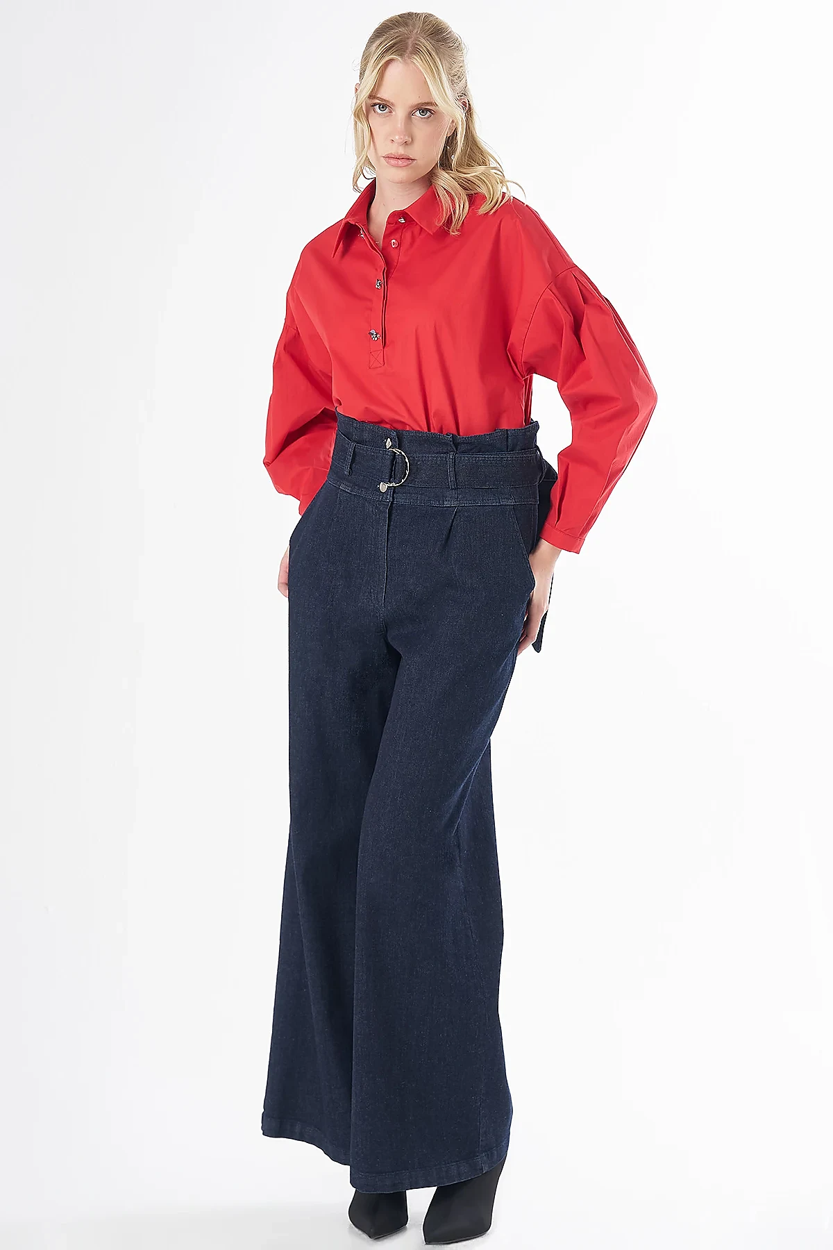 High-Waisted Denim Trousers Navy Blue