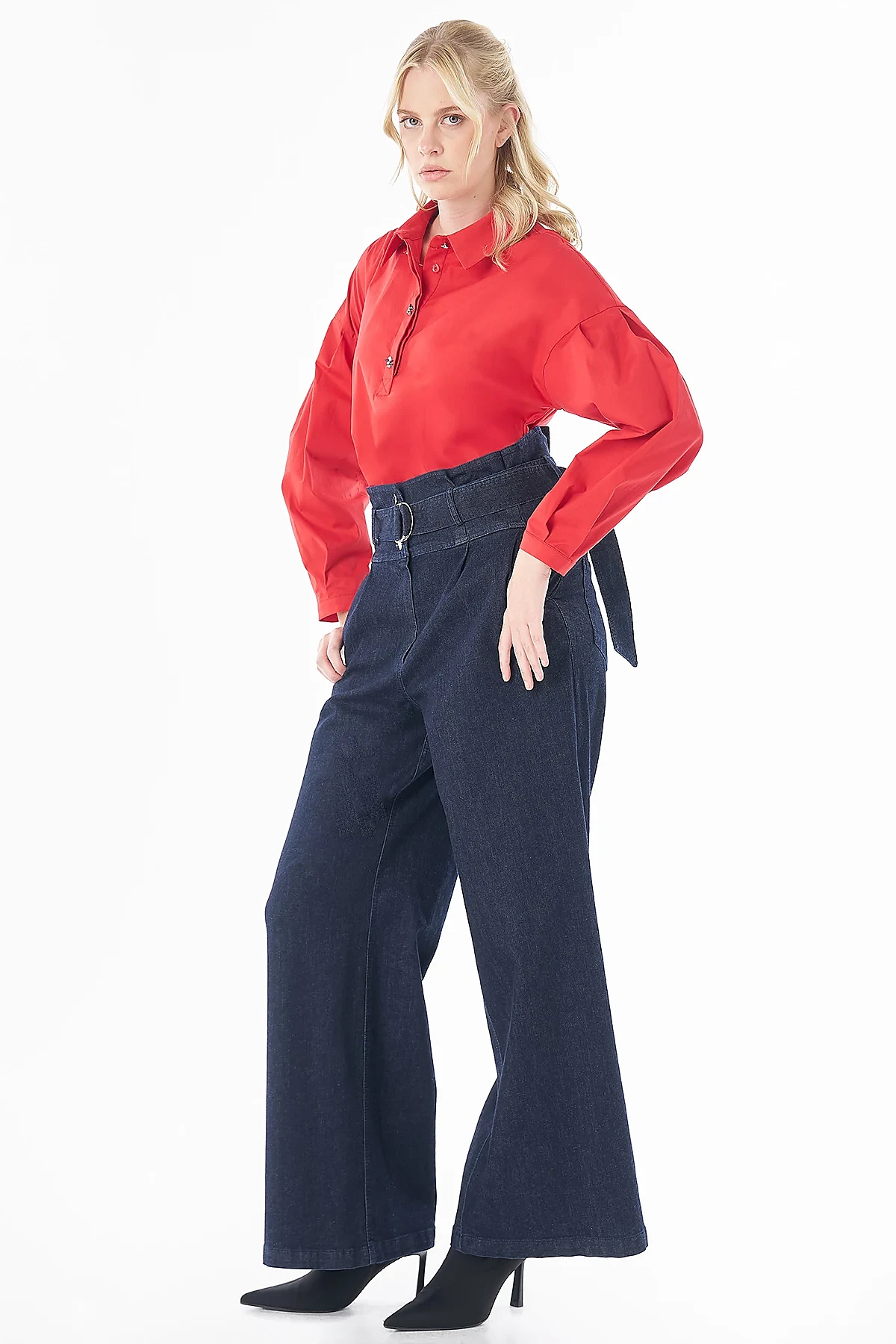 High-Waisted Denim Trousers Navy Blue