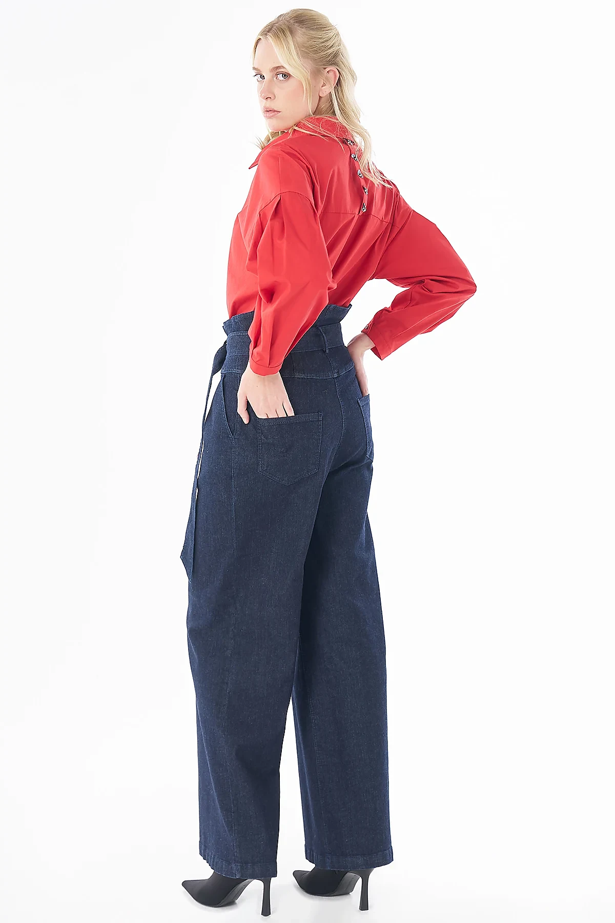 High-Waisted Denim Trousers Navy Blue