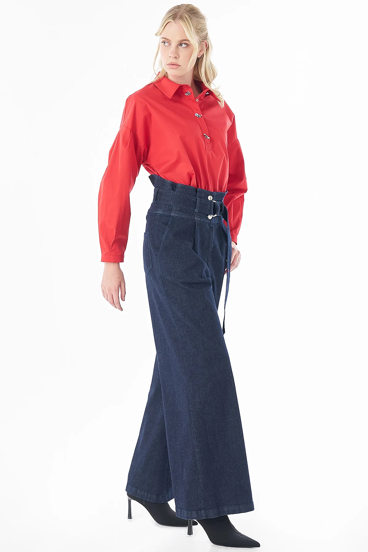 High-Waisted Denim Trousers Navy Blue
