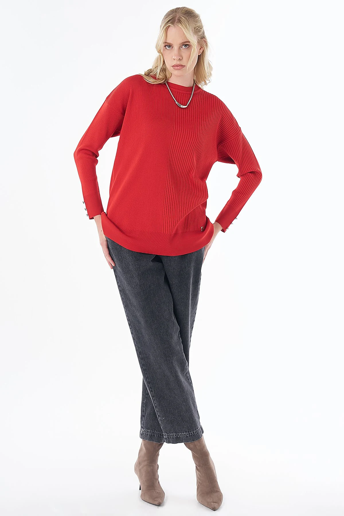 Accessory Button Knit Tunic -Red