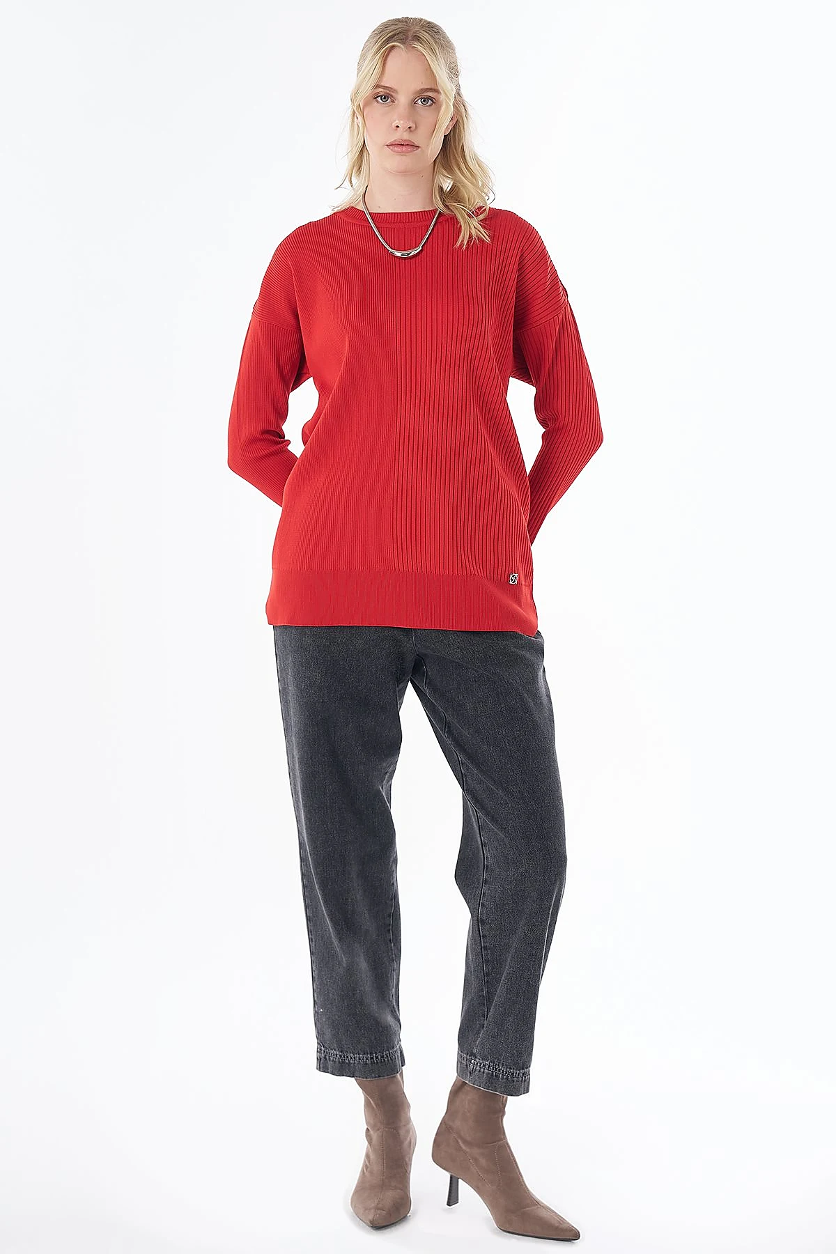 Accessory Button Knit Tunic -Red