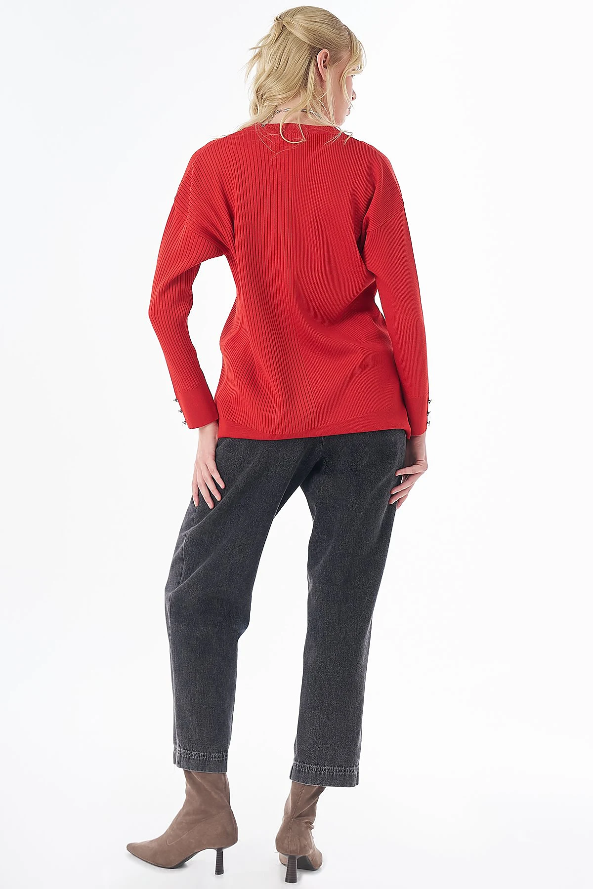 Accessory Button Knit Tunic -Red