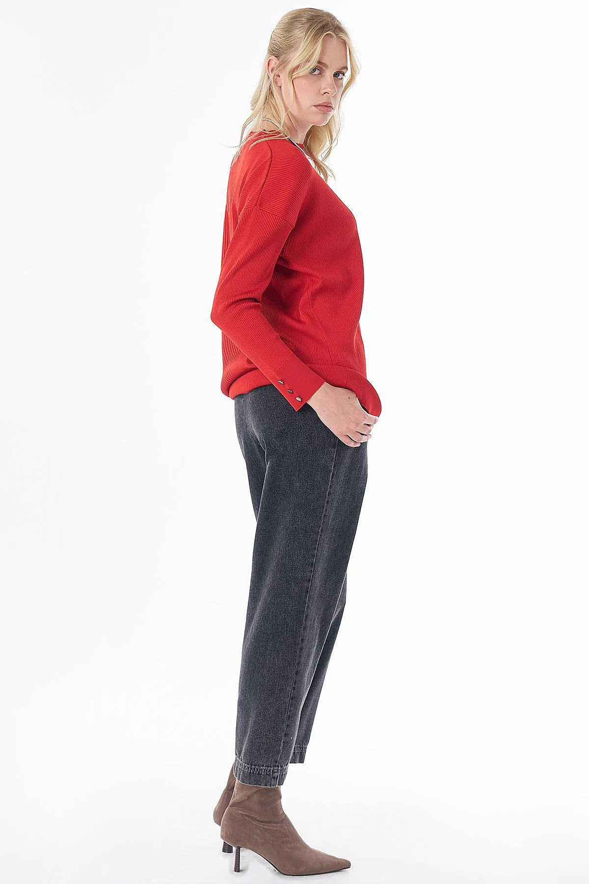 Accessory Button Knit Tunic -Red