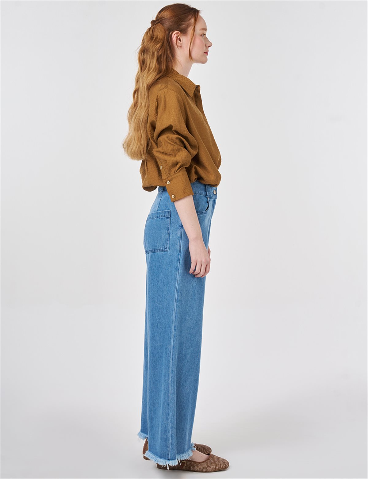 Washed Textured Denim Trousers Navy Blue 