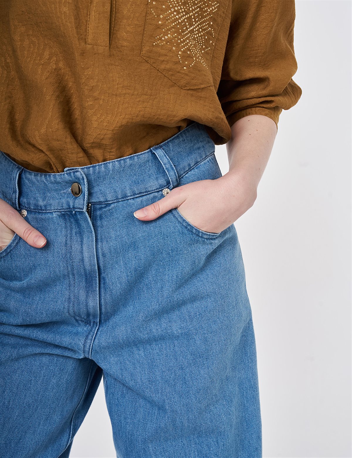 Washed Textured Denim Trousers Navy Blue 