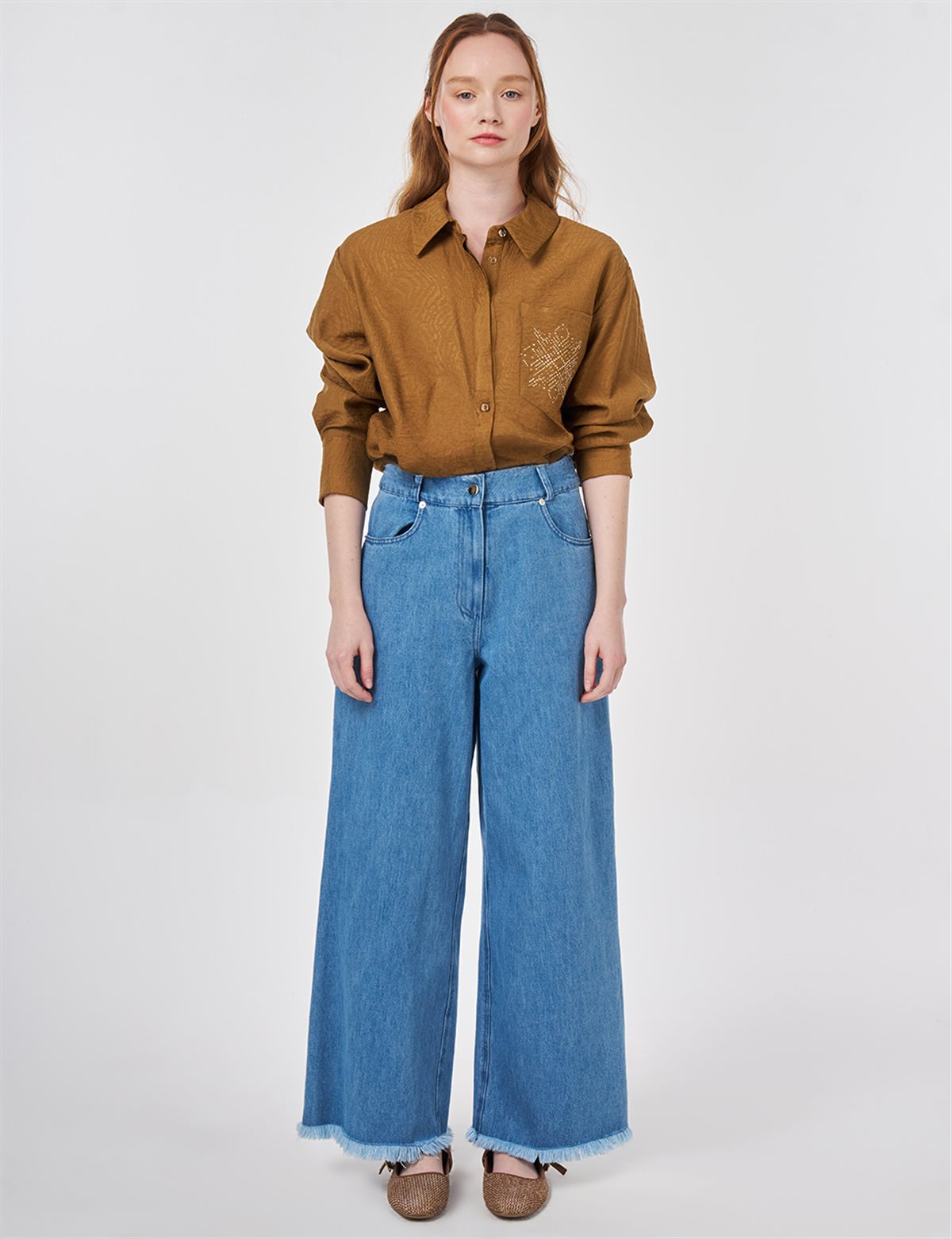 Washed Textured Denim Trousers Navy Blue 
