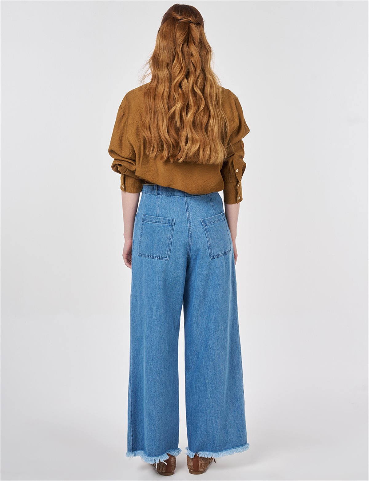 Washed Textured Denim Trousers Navy Blue 