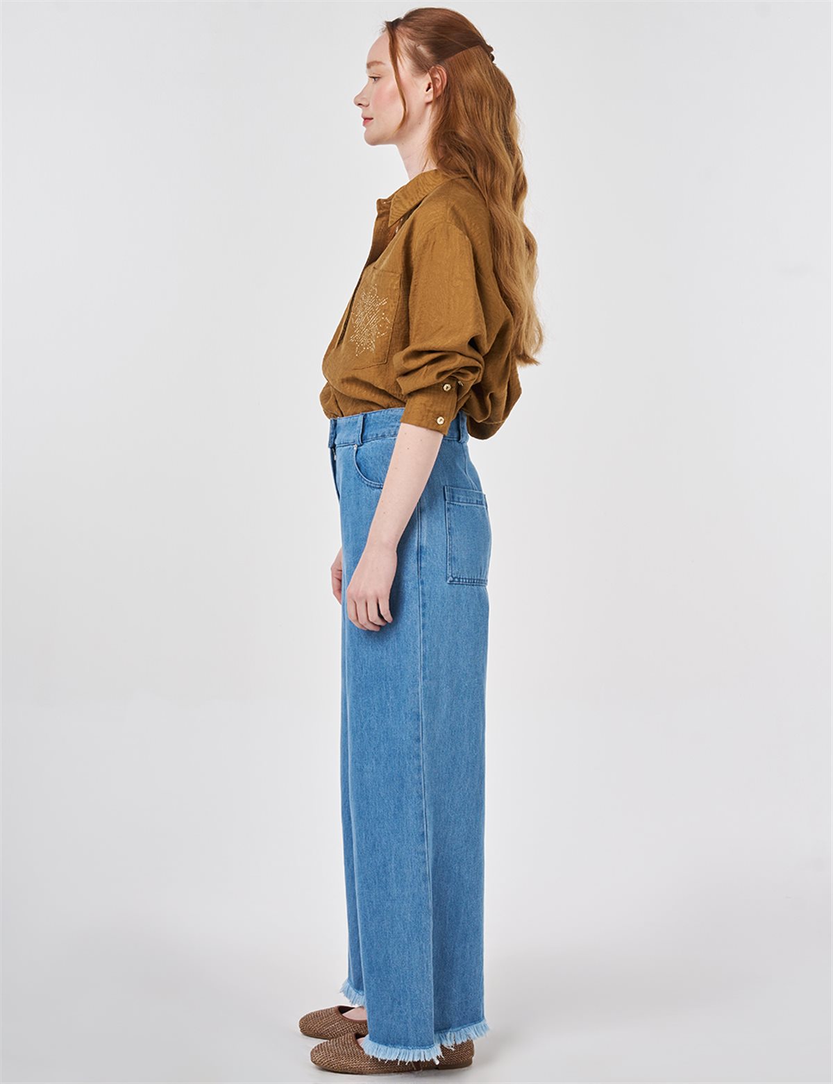 Washed Textured Denim Trousers Navy Blue 
