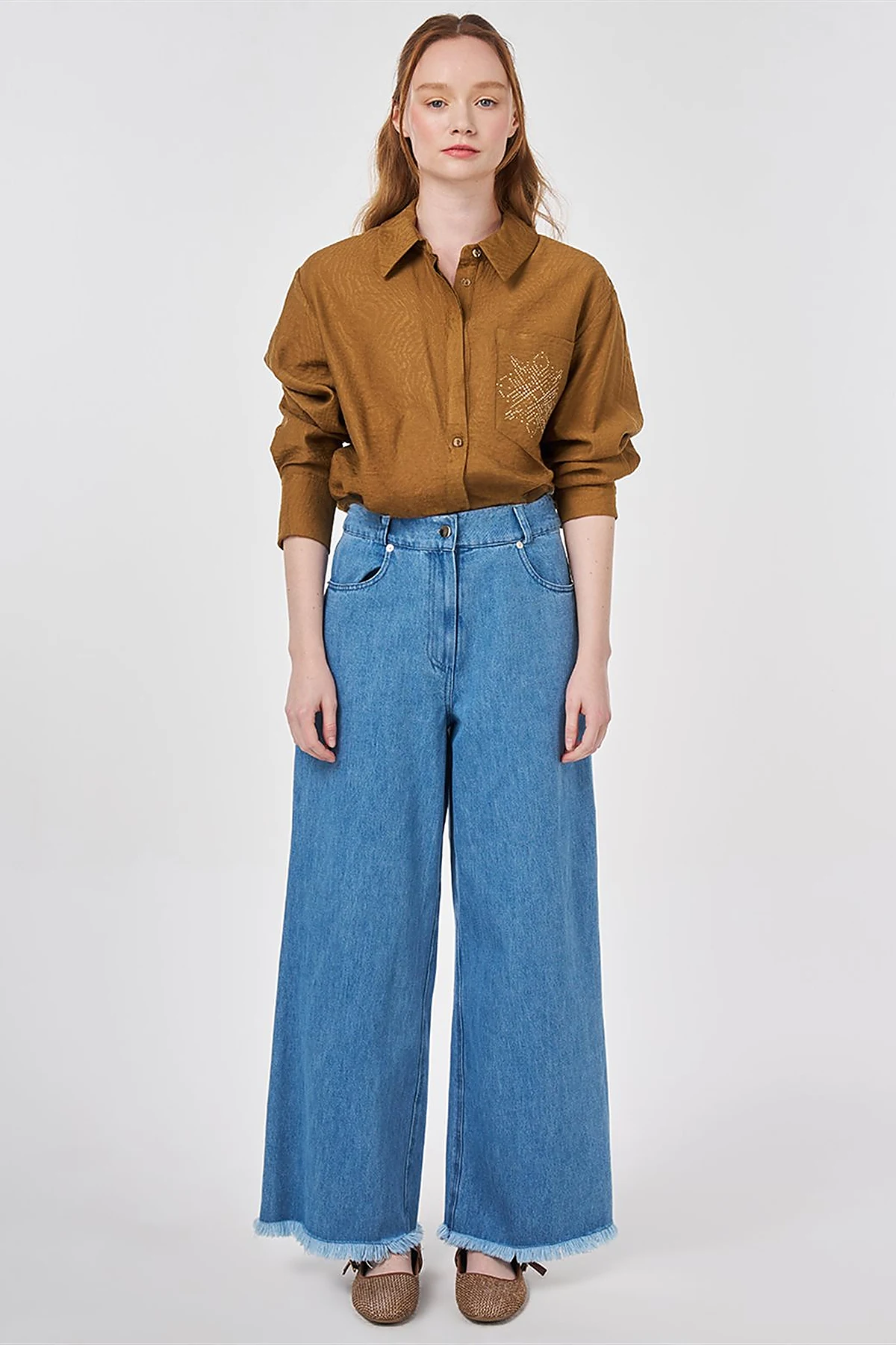 Washed Textured Denim Trousers Navy Blue 