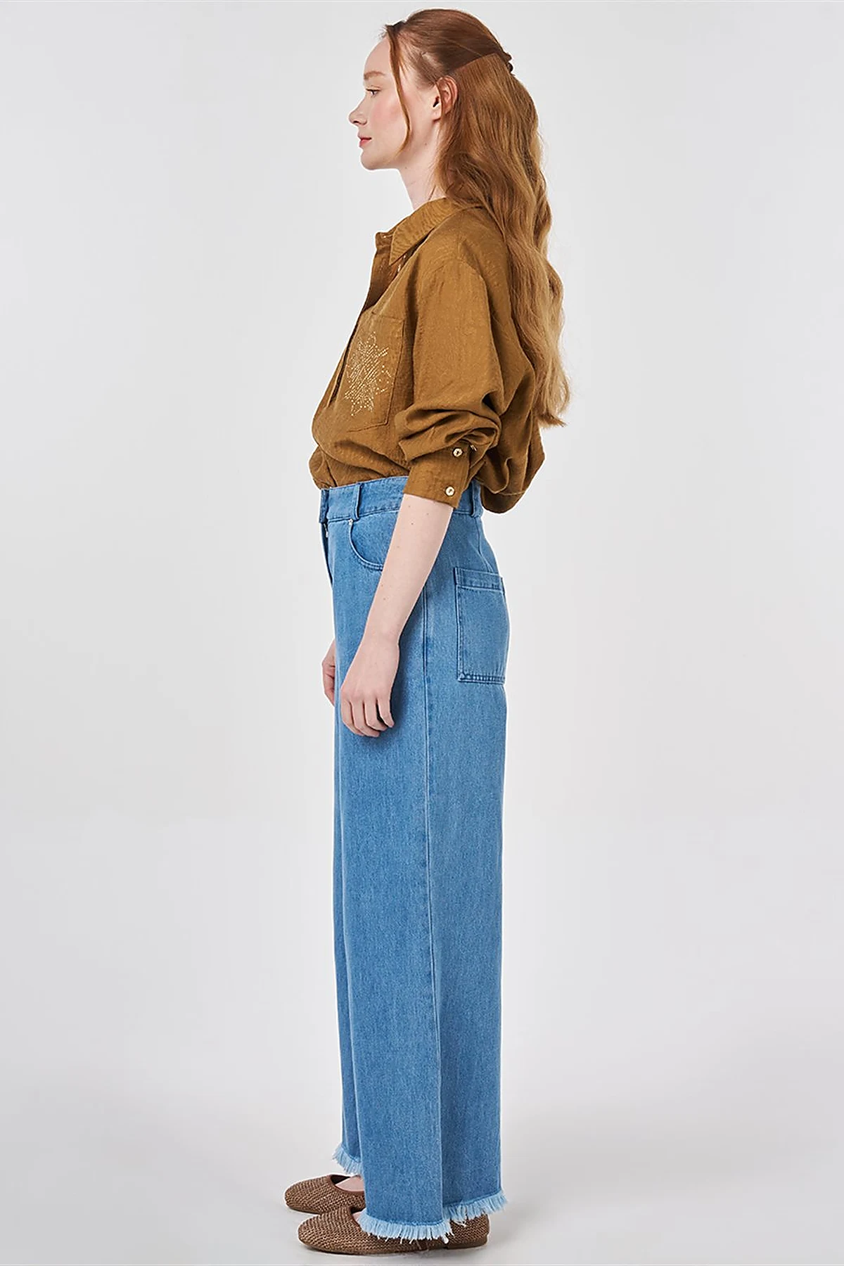 Washed Textured Denim Trousers Navy Blue 