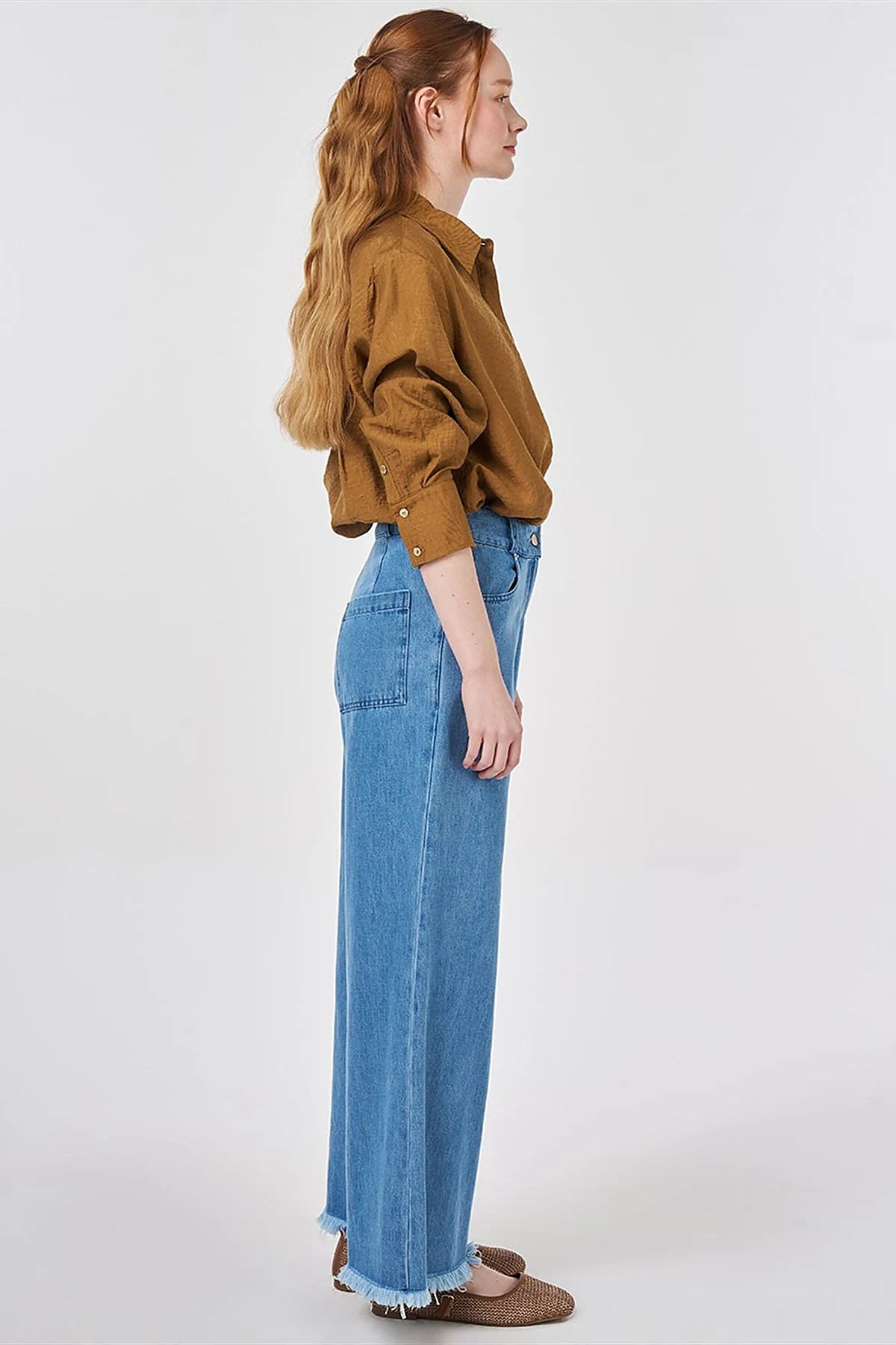Washed Textured Denim Trousers Navy Blue 