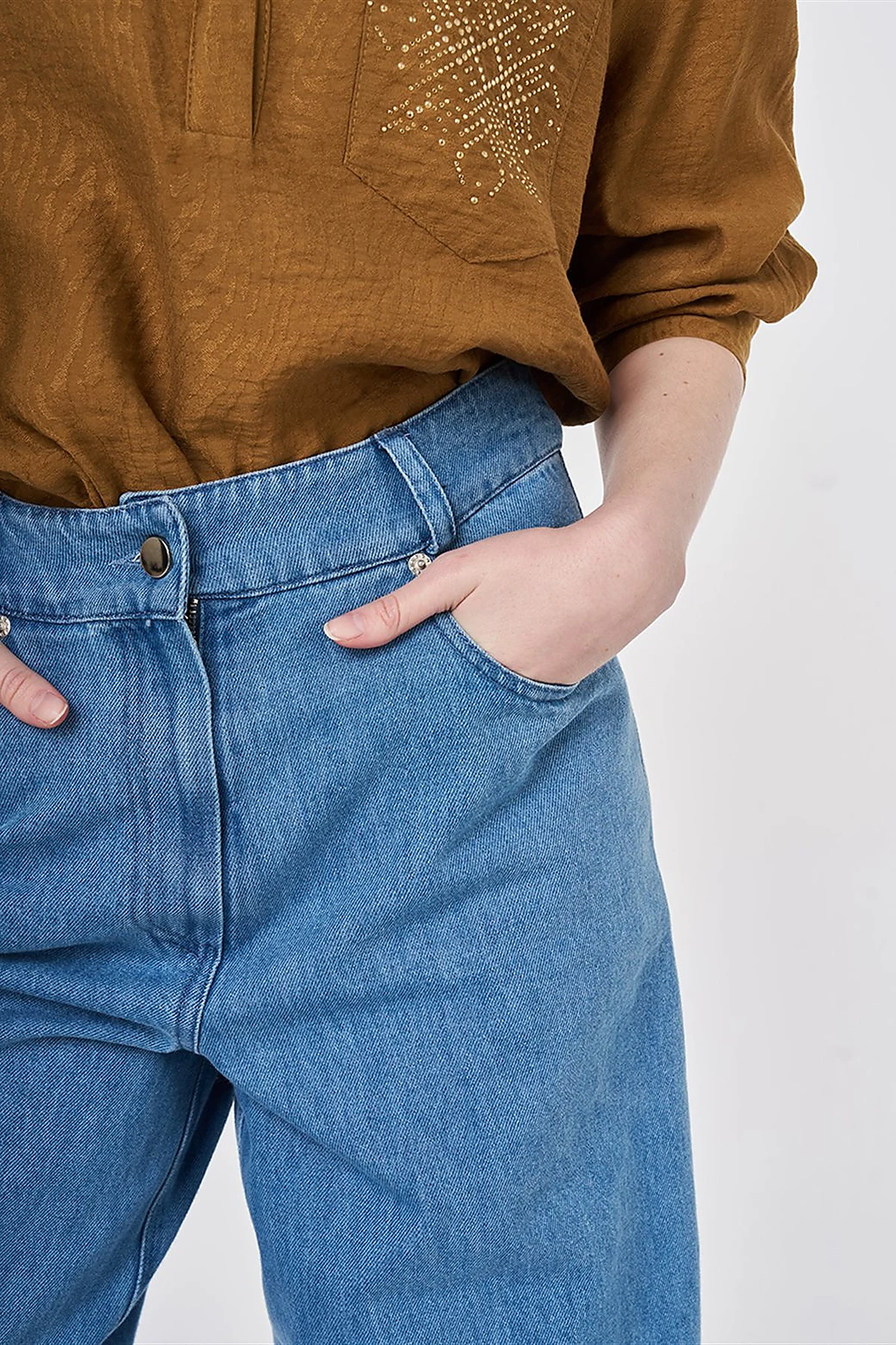 Washed Textured Denim Trousers Navy Blue 