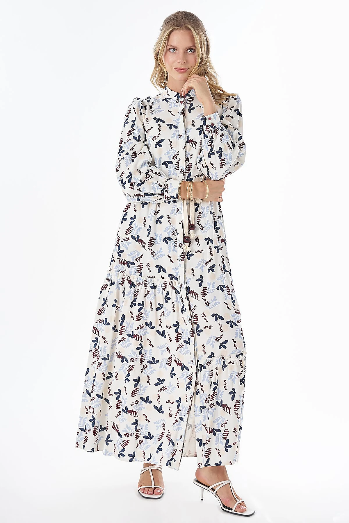 Patterned Cotton-Linen Maxi Dress Cream