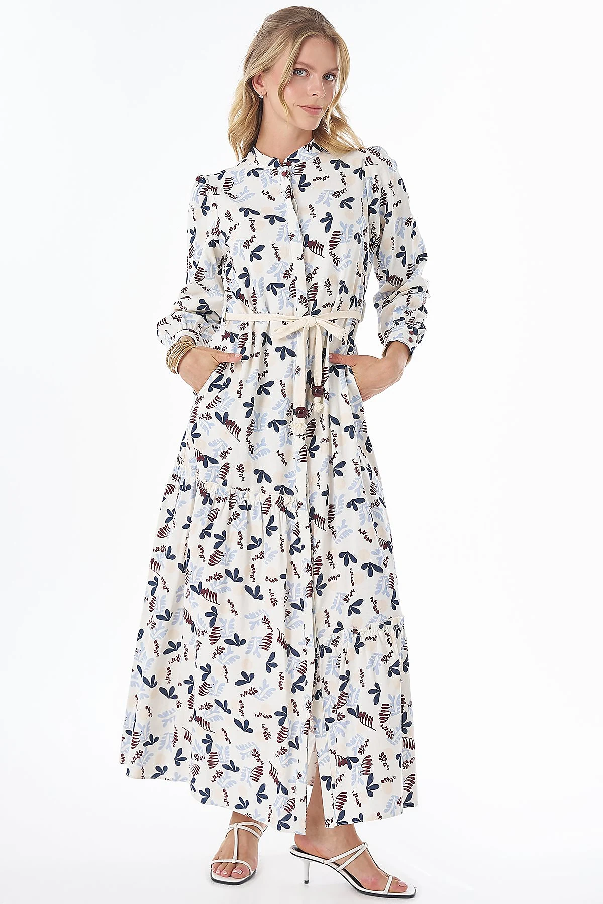 Patterned Cotton-Linen Maxi Dress Cream