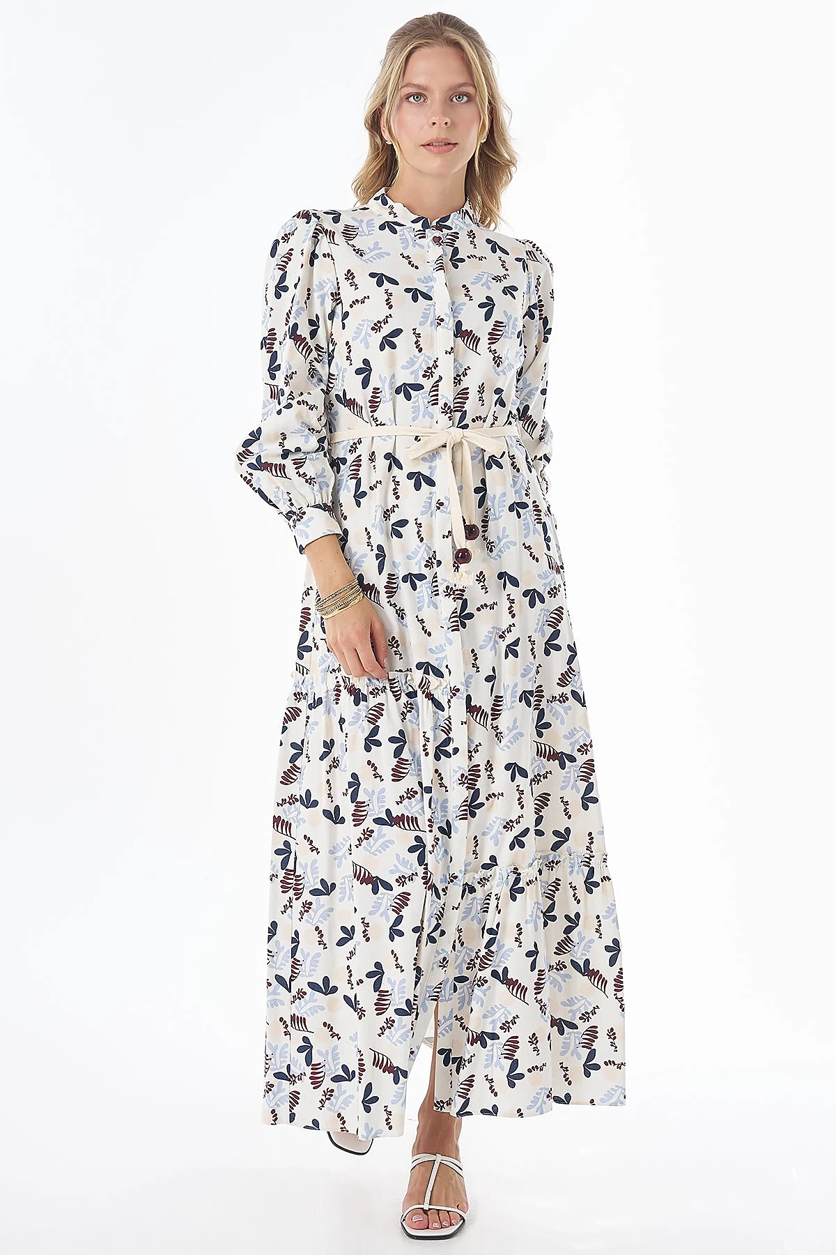 Patterned Cotton-Linen Maxi Dress Cream