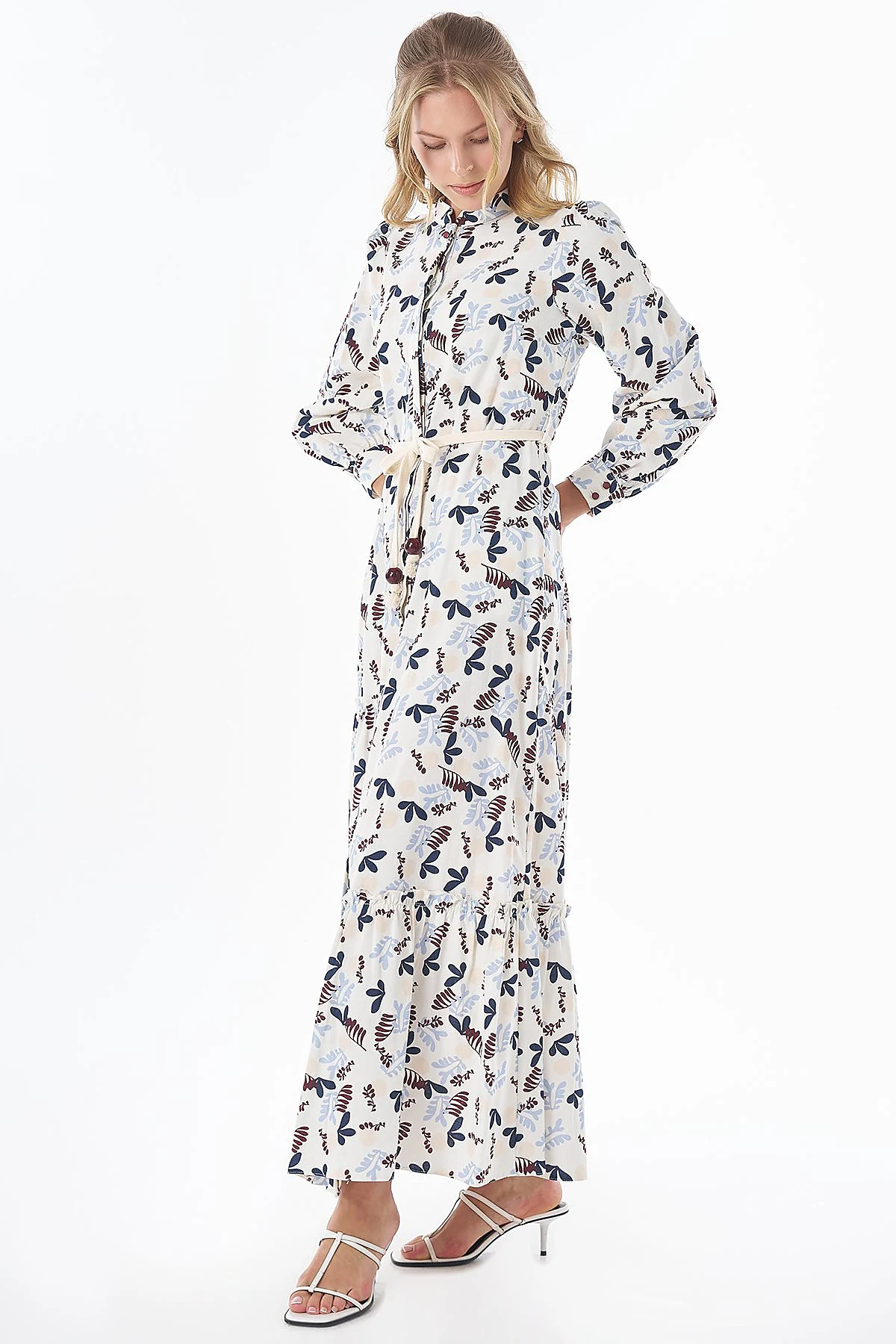 Patterned Cotton-Linen Maxi Dress Cream