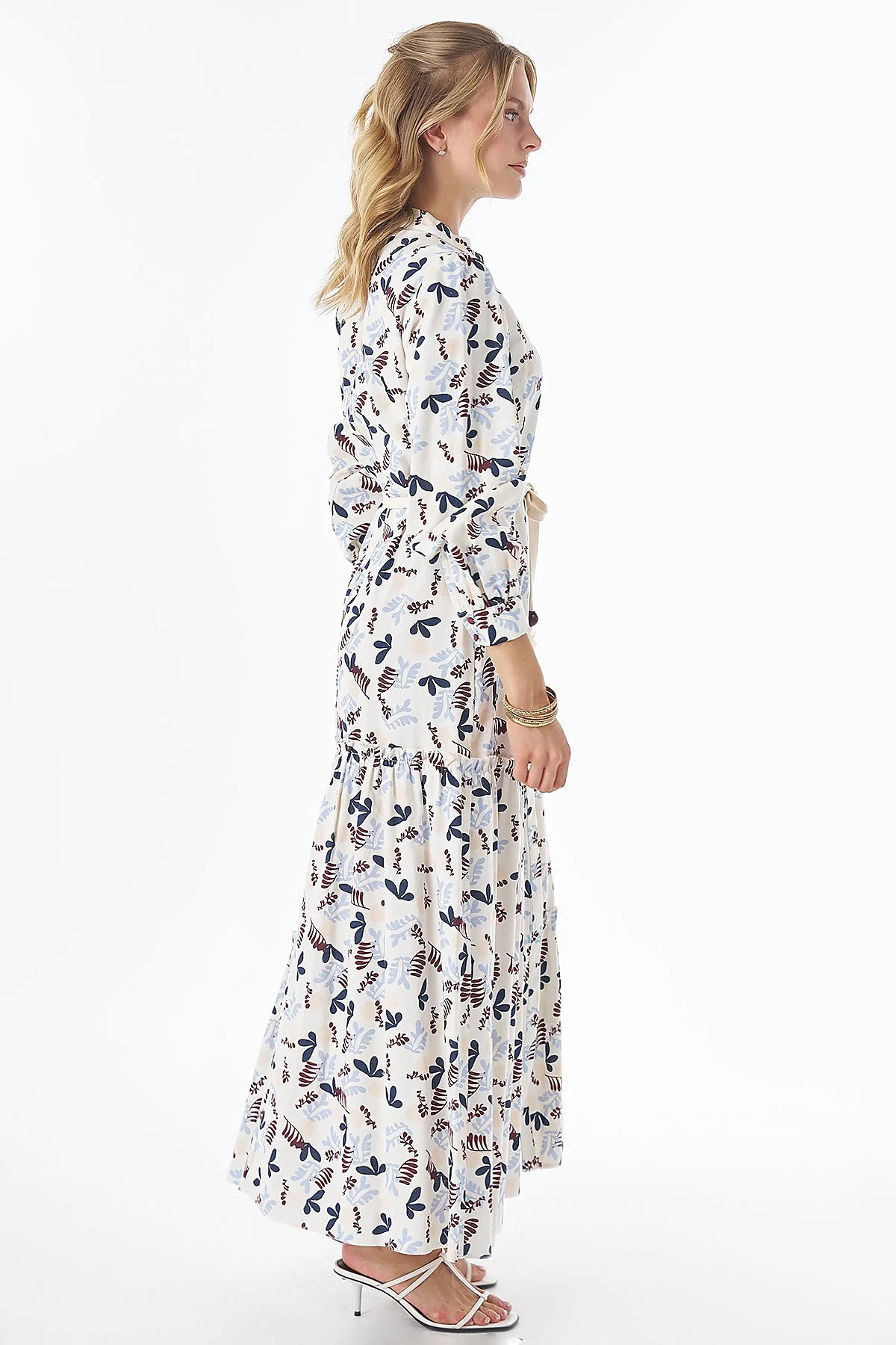 Patterned Cotton-Linen Maxi Dress Cream