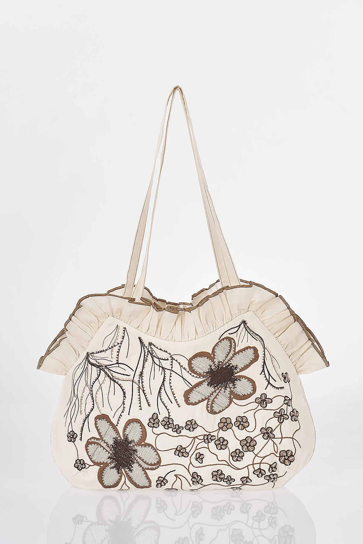 Embroidered Canvas Bag Stone Beige