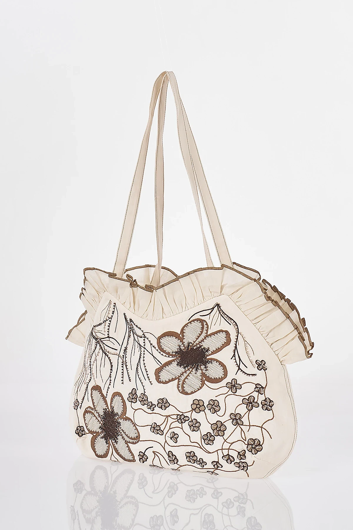 Embroidered Canvas Bag Stone Beige