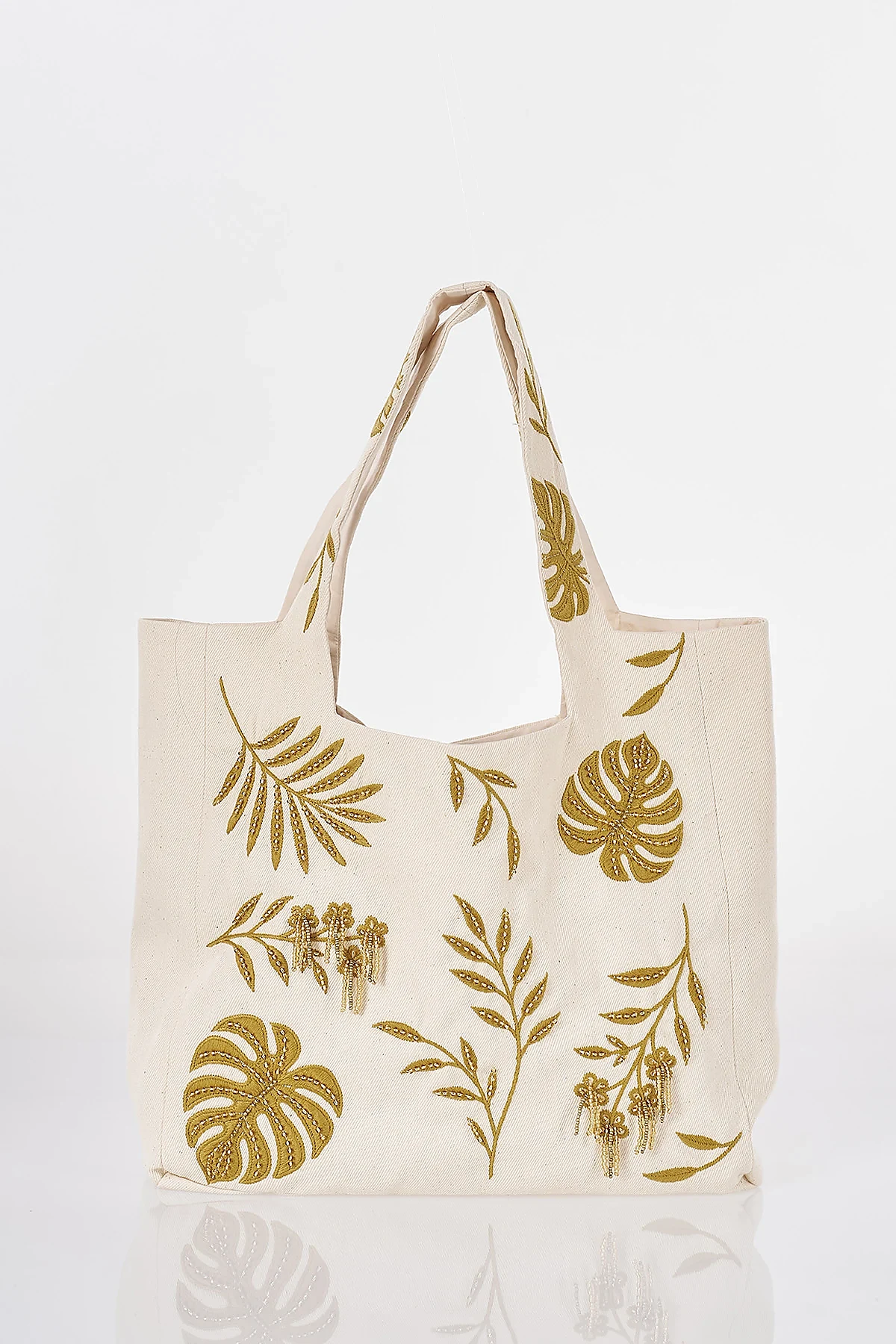 Leaf Pattern Canvas Bag Stone Beige