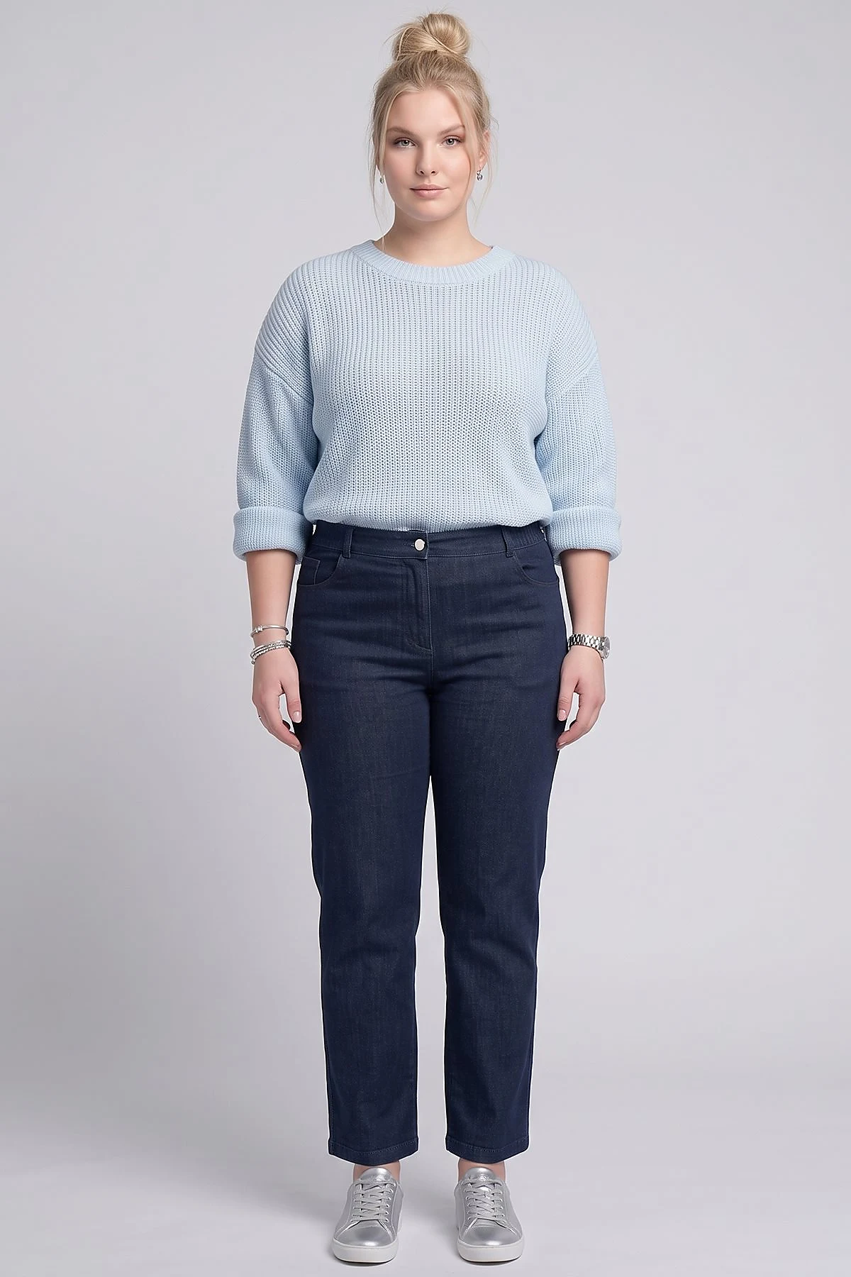 High-Waisted Washed Trousers Navy