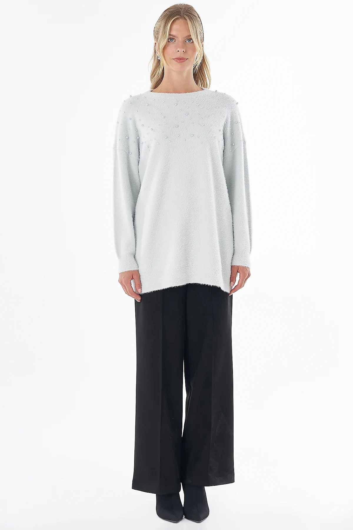 Pearl-Detail Knitted Tunic Blue