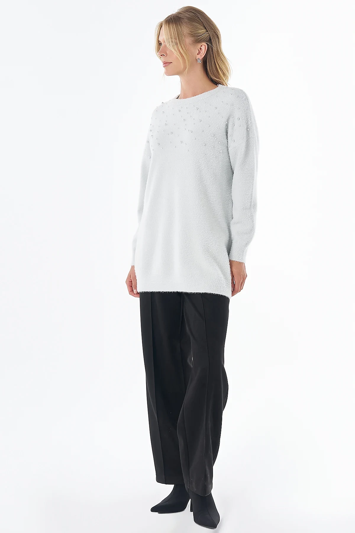 Pearl-Detail Knitted Tunic Blue