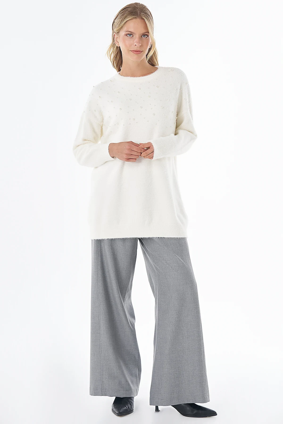 Pearl-Detail Knitted Tunic Ecru