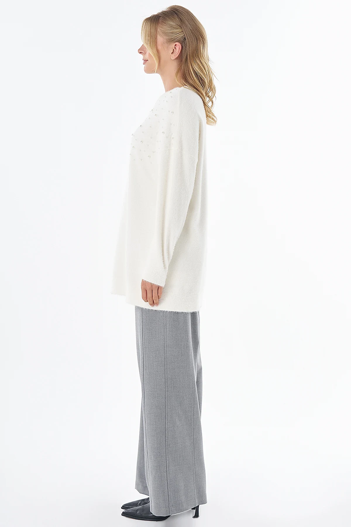 Pearl-Detail Knitted Tunic Ecru