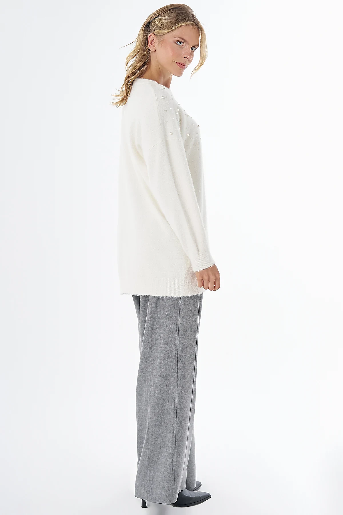 Pearl-Detail Knitted Tunic Ecru