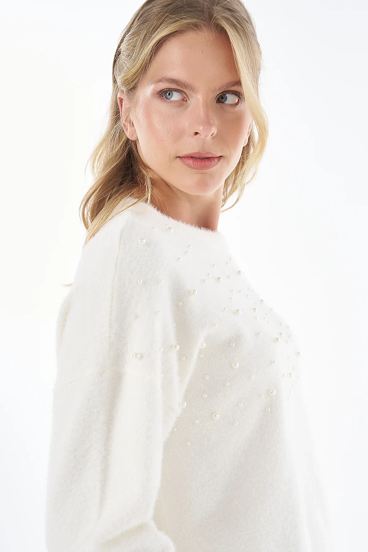 Pearl-Detail Knitted Tunic Ecru