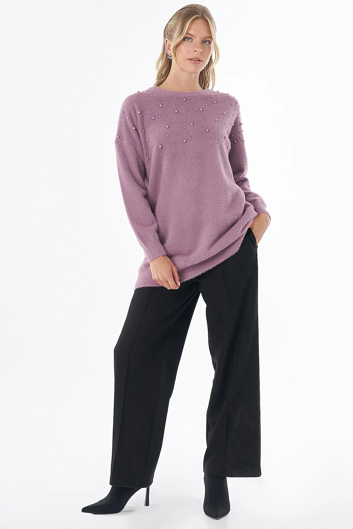 Pearl-Detail Knitted Tunic Dusty Rose