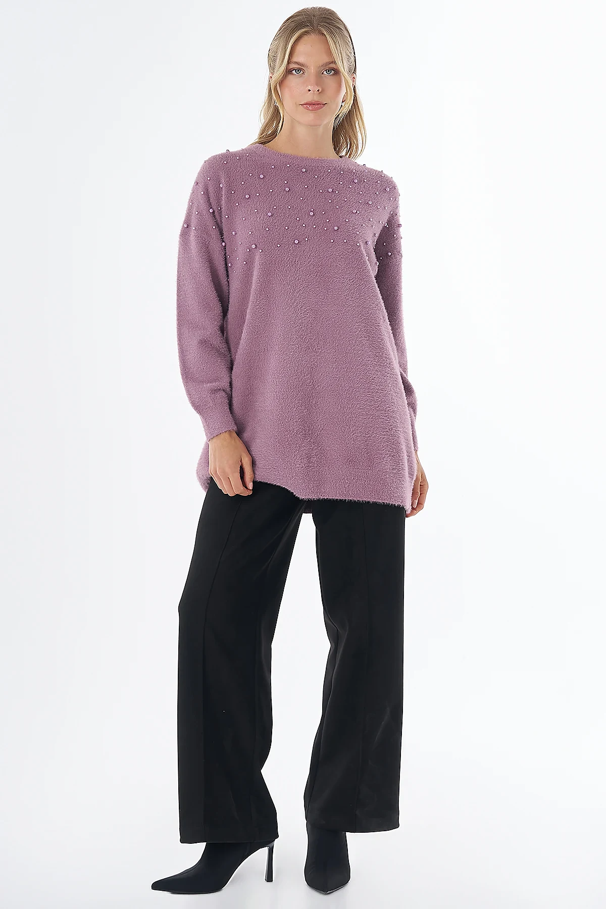 Pearl-Detail Knitted Tunic Dusty Rose