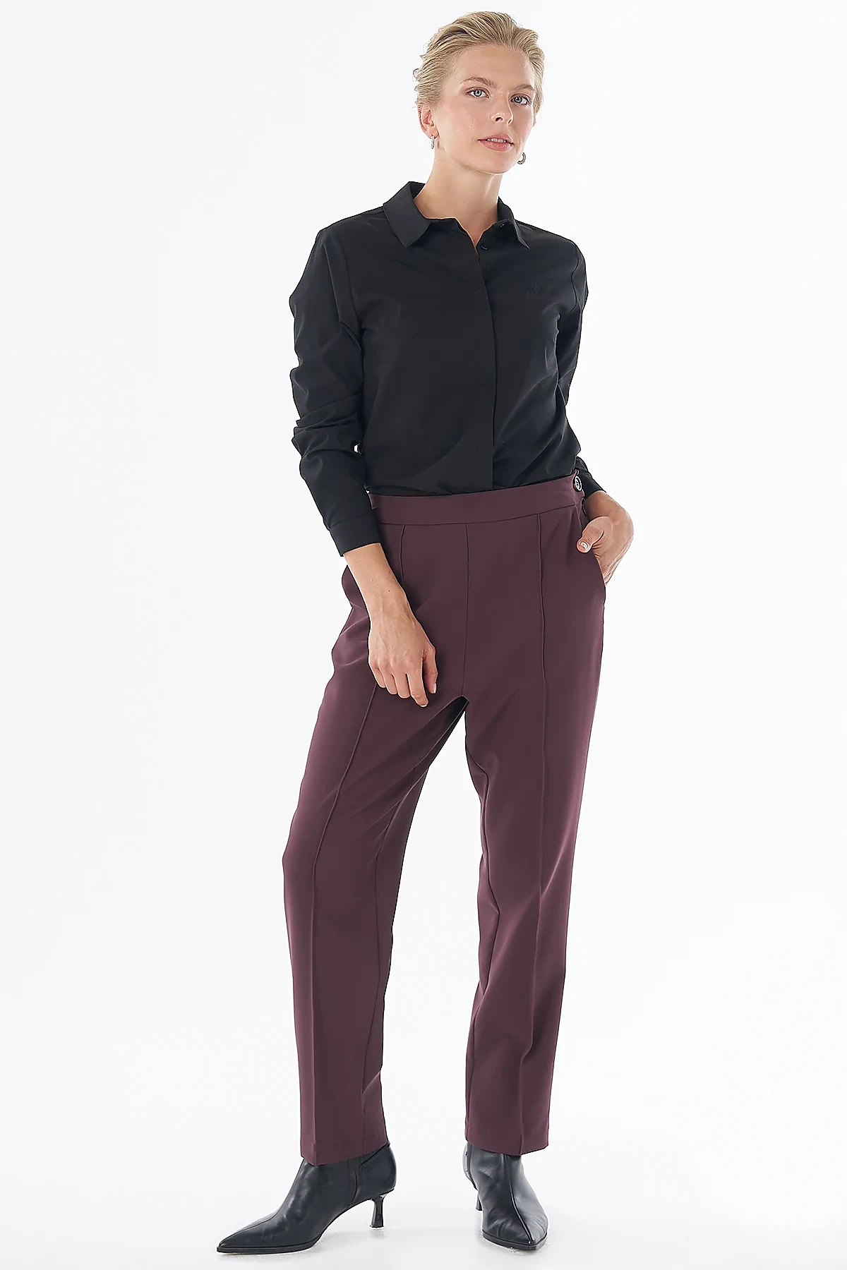 Düğme Detaylı Pantolon Bordo