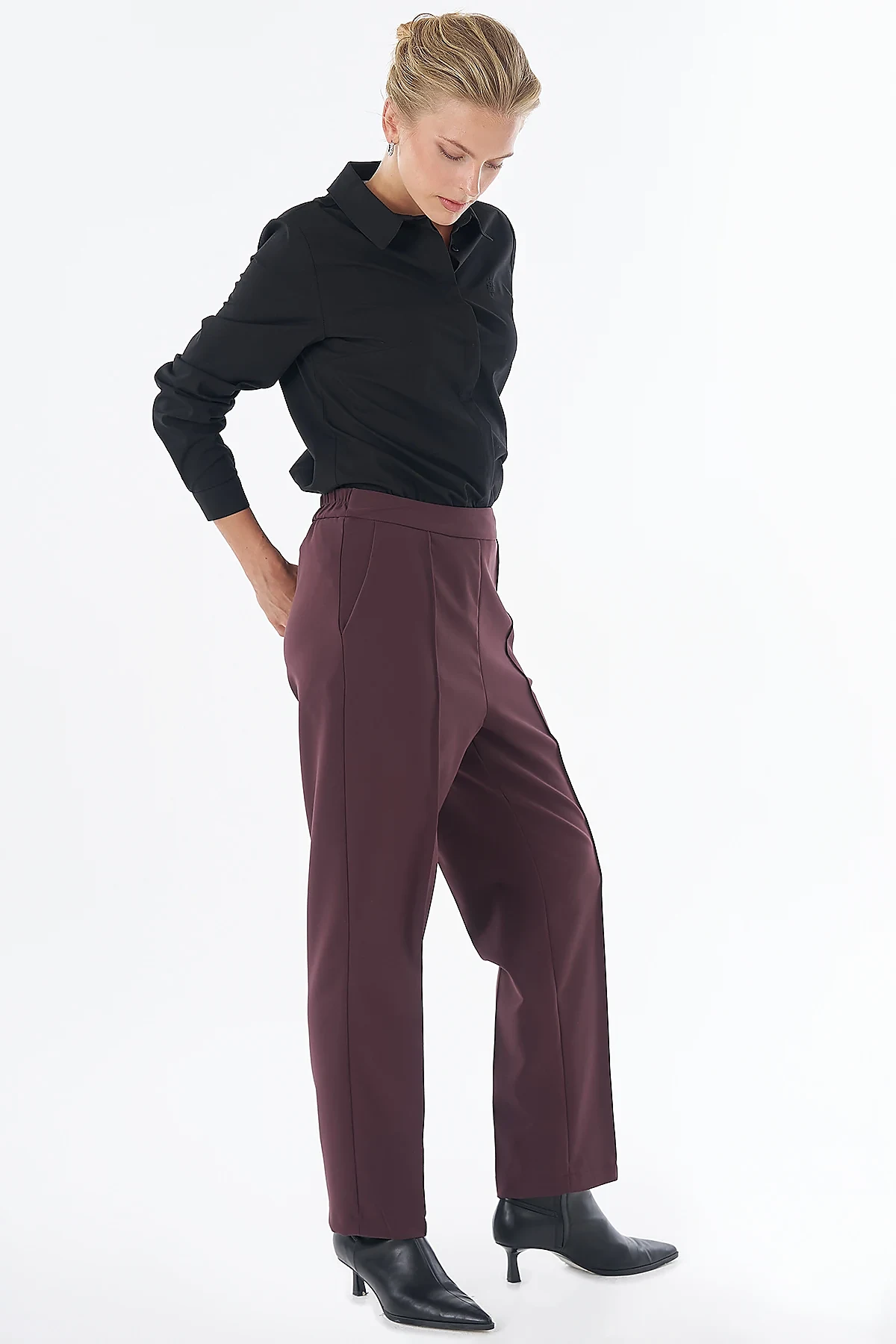 Düğme Detaylı Pantolon Bordo