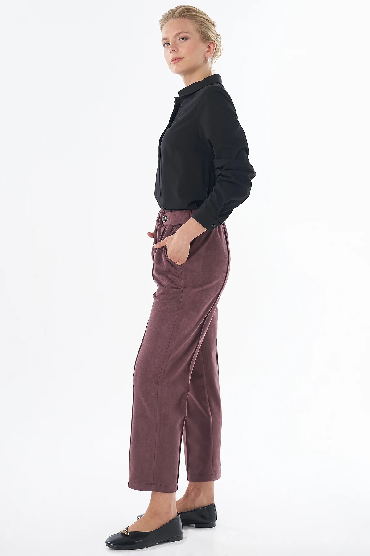 Topstitched Suede Trousers Burgundy